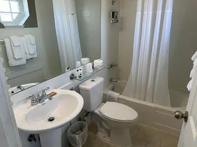 a bathroom with a sink and a toilet and a shower at Island House Historic Vacation Rentals in Port Clinton