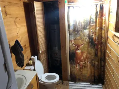 a bathroom with a painting of a deer on the shower curtain at Lodge 65AC Zanesville Muskingum AEP WIFI CELL SVC in Blue Rock