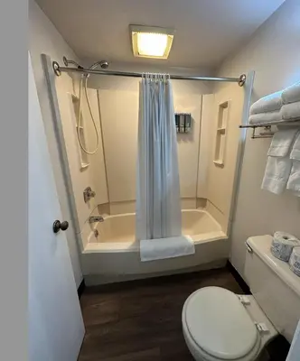 a bathroom with a shower and a toilet at The Roscoe Boutique Motel in Coshocton