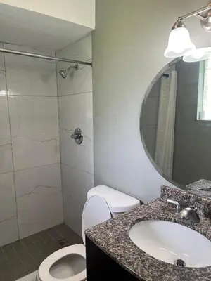 a bathroom with a toilet and a sink and a mirror at Red Carpet Inn in Garfield Heights