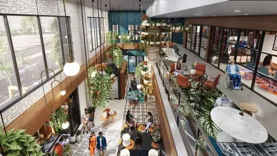 an overhead view of a shopping mall with people at 2 Studios apartment w prime location in Cleveland
