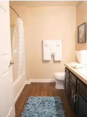 a bathroom with a toilet and a blue rug at Cozy King 2 bedroom at Easton near Airport in Columbus