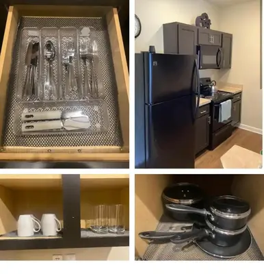 three pictures of a kitchen with a black refrigerator at Cozy King 2 bedroom at Easton near Airport in Columbus