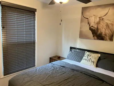 a bedroom with a bed with a picture of a bull on the wall at Modern Farmhouse in Covington