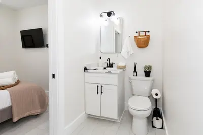 a bathroom with a toilet and a sink and a mirror at Inn At Fulton Boutique Hotel in Sandusky