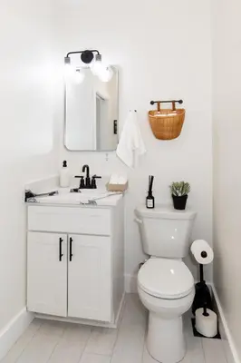 a bathroom with a white toilet and a sink at Inn At Fulton Boutique Hotel in Sandusky