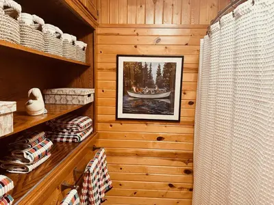 a bathroom with wooden walls and a shower curtain at Little Loch home in Burton