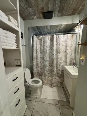 a bathroom with a toilet and a shower curtain at Captains Cove in Port Clinton