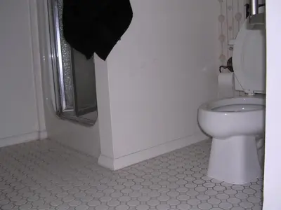 a white bathroom with a toilet and a shower at Comfy Room in Huntington