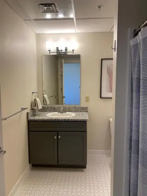 a bathroom with a sink and a mirror at Strongback Suite 207 in Adrian