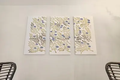 three pieces of art hanging on a white wall at Gahanna Farmhouse - 4 Bed 2 Bath - INTEL in Columbus
