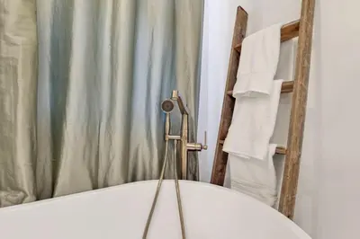 a bathroom with a shower curtain and a towel rack at The Mohawk Masterpiece in Columbus