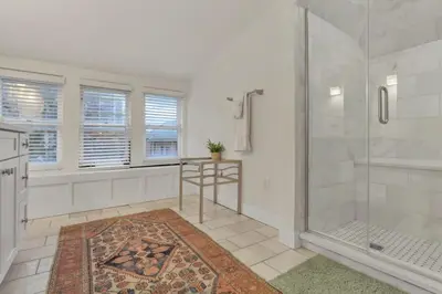 a bathroom with a shower and a glass shower stall at The Goodale Overlook in Columbus