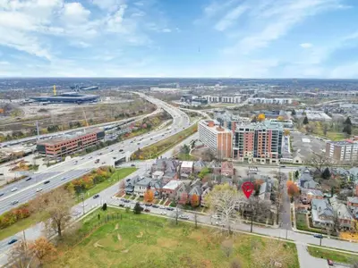 an aerial view of a city with a highway at The Goodale Overlook in Columbus