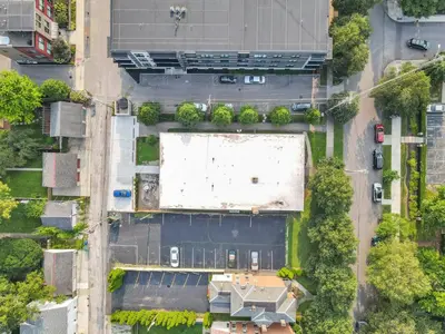 an overhead view of a building in a city at Cozy 2 BR in Short North Convenient Parking in Columbus