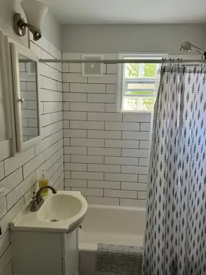 a bathroom with a sink and a tub and a shower at Downtown Willoughby Historic District Gem #2 in Willoughby