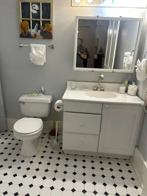 a bathroom with a toilet and a sink and a mirror at Main Oak Manor in Gallipolis