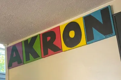 a sign on a wall with the word acr on it at House with 11 Beds Sleeps 14 with Off Street Parking in Akron