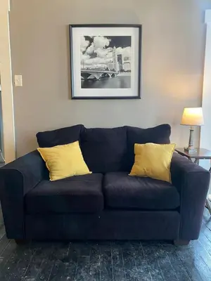 a blue couch with two yellow pillows in a living room at Rare Find Sleeps 16 with 9 Beds 6BR plus WIFI in Cincinnati