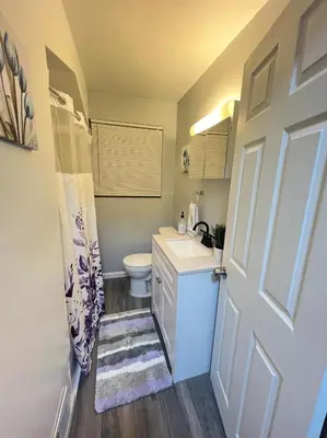 a bathroom with a toilet and a sink and a door at Private Bedroom Suite 4 Cape Cod Cutie 10 Min to Downtown in Bromley