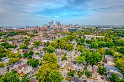 an aerial view of a residential neighborhood with a city skyline at Charming Home in Cleveland 3219 in Ohio City