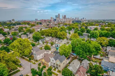 an aerial view of a residential neighborhood with a city at Charming Home in Cleveland 3219 in Ohio City