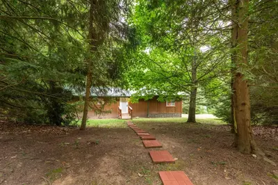 a path in the middle of a park with trees at Whispering Pines Retreat in Zuck