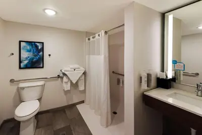 a bathroom with a toilet and a sink and a shower at The Hilton Garden Inn in Grove City
