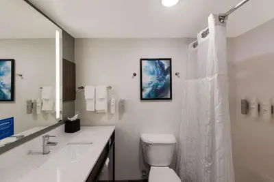 a bathroom with a toilet and a sink and a shower at The Hilton Garden Inn in Grove City