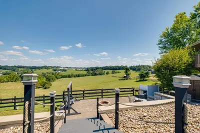 a deck with a view of a green field at Panoramic Views Hillside Millersburg Studio in Millersburg