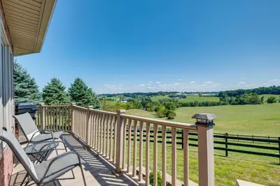 a balcony with chairs and a view of a field at Holmes With a View Studio Millersburg Retreat! in Millersburg