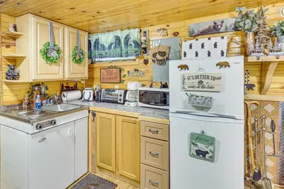a kitchen with a white refrigerator and a stove at Carrollton Cabin with Patio and Fire Pit! in Carrollton