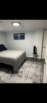 a bedroom with a bed with a rug and a lamp at Very affordable Spacious private urban oasis in Cincinnati