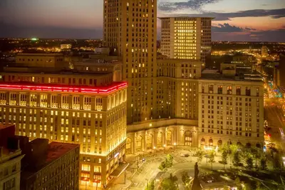 a view of a city with tall buildings at night at Modern Luxe Suite Rock Hall, Stadiums, Casino in Cleveland