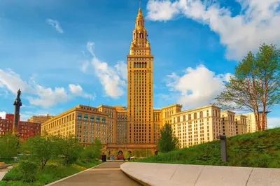 a tall building with a clock tower on top of it at Modern Luxe Suite Rock Hall, Stadiums, Casino in Cleveland