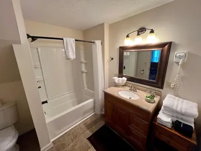 a bathroom with a tub and a sink and a shower at The Mount Vernon Inn in Mount Vernon