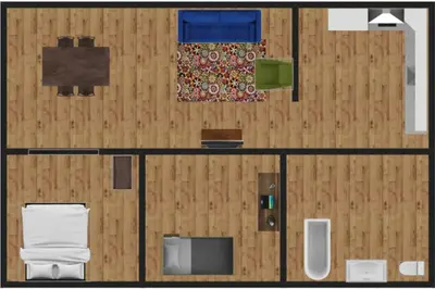 an overhead view of a room with a wooden wall at Cozy Bungalow 10 Min to DTWN CLE in Euclid