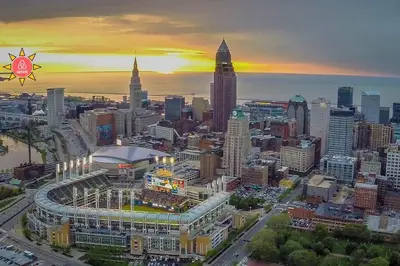an aerial view of a city with a stadium at Stylish King Bed, 2BDRM, 1 Mile to DTWN, Game Room in Cleveland