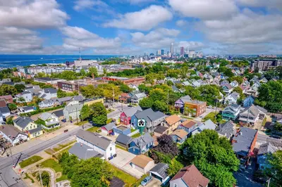 an aerial view of a residential neighborhood with a city at Comfortable 2-Bedroom House In Cleveland 1330 in Cleveland