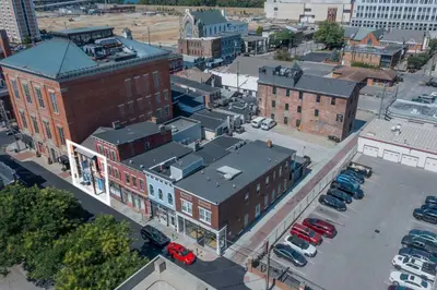 an overhead view of a city with buildings and cars at Top-Rated 1BR Near Convention Center & Parking in Covington