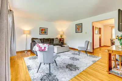 a living room with a couch and two chairs at 11 Mi to Dtwn Columbus Group Retreat with Fire Pit! in Worthington