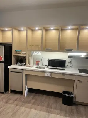 a kitchen with a counter with a sink and a refrigerator at TownePlace Suites by Marriott Cincinnati Oakley in Cincinnati
