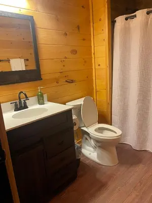 a bathroom with a toilet and a sink and a shower at The Saige - Hot Tub, Fire Pit, and huge entertainment area in Logan