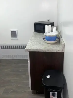 a kitchen with a counter with a bowl and a microwave at The Cozy Corner in Toledo