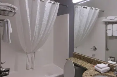 a bathroom with a shower and a toilet and a sink at Quality Inn & Suites Caldwell I-77 in Caldwell