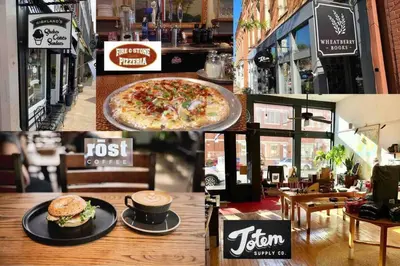 a collage of photos of a restaurant with a pizza and a sandwich at The Loft Downtown in Chillicothe