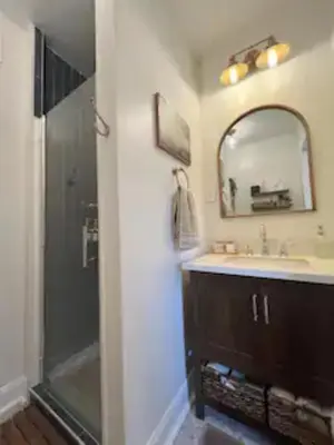a bathroom with a shower and a sink and a mirror at The Hillside Retreat - Cozy container home with Hot tub and Fire pit in Logan