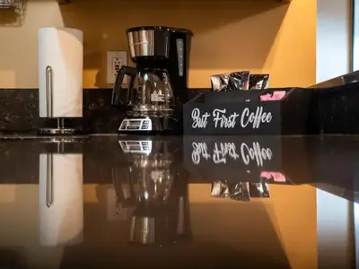 a counter top with a coffee maker on it at Lakefront Loft - Walk 2 First Energy x Progressive in Cleveland