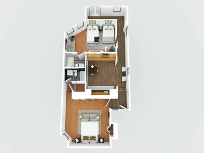 a rendering of a floor plan of a condo at Spacious Riverfront Suite - Close to Downtown in Cleveland