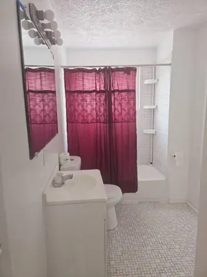a bathroom with a sink and a toilet and a shower at Comfy 1BR Apt. in Pleasant Ridge in Cincinnati